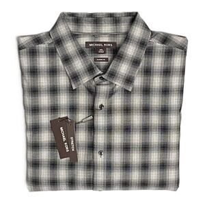 Michael Kors Flannel Shirt Men's XXL Classic Fit Black Grey Plaid Stretch NEW
